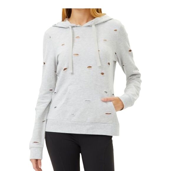 YOGALICIOUS Cotton Blend Heather Grey Distressed Cutout Hoodie Sz M - Picture 1 of 8